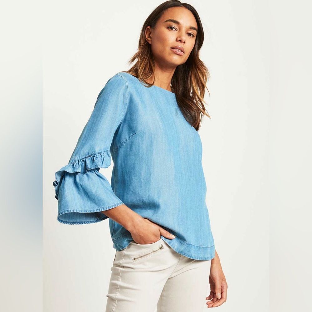 MINT VELVET Women’s Blue Chambray Fluted Sleeve Tie Back Nautical Feminine Top